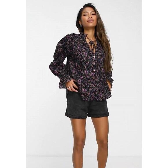 Free People Meant To Be Smocked Blouse Floral Black Combo Peasant Boho - Picture 2 of 9